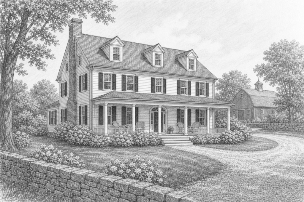 Pencil perspective study of a five-bay colonial farmhouse with black shutters, full front porch, three dormers, brick chimney, fieldstone wall, gravel drive, and cupola barn in Darien