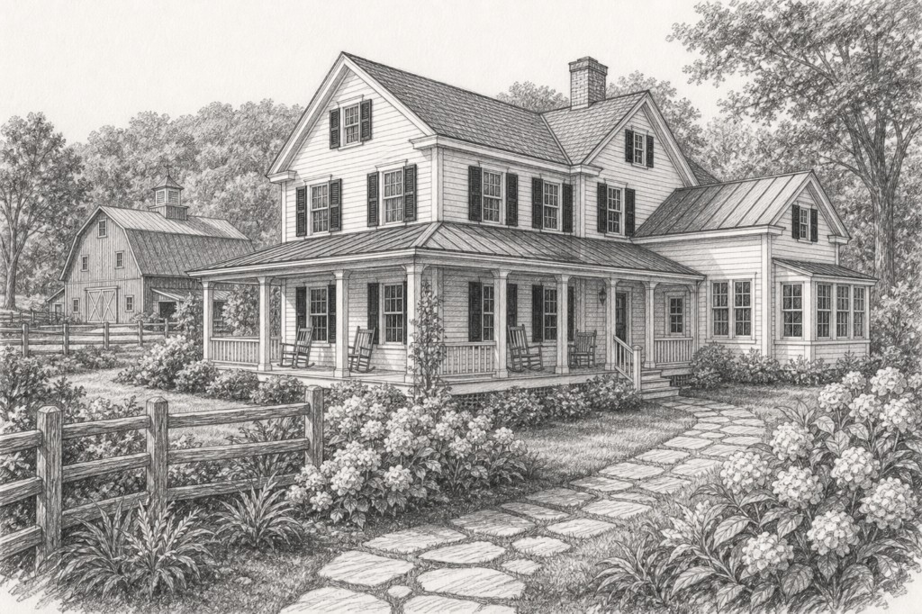 Pencil perspective study of an L-shaped farmhouse with wrap-around porch, metal porch roof, rocking chairs, sunroom wing, gambrel barn with cupola, split-rail fence, and hydrangeas in Fairfield