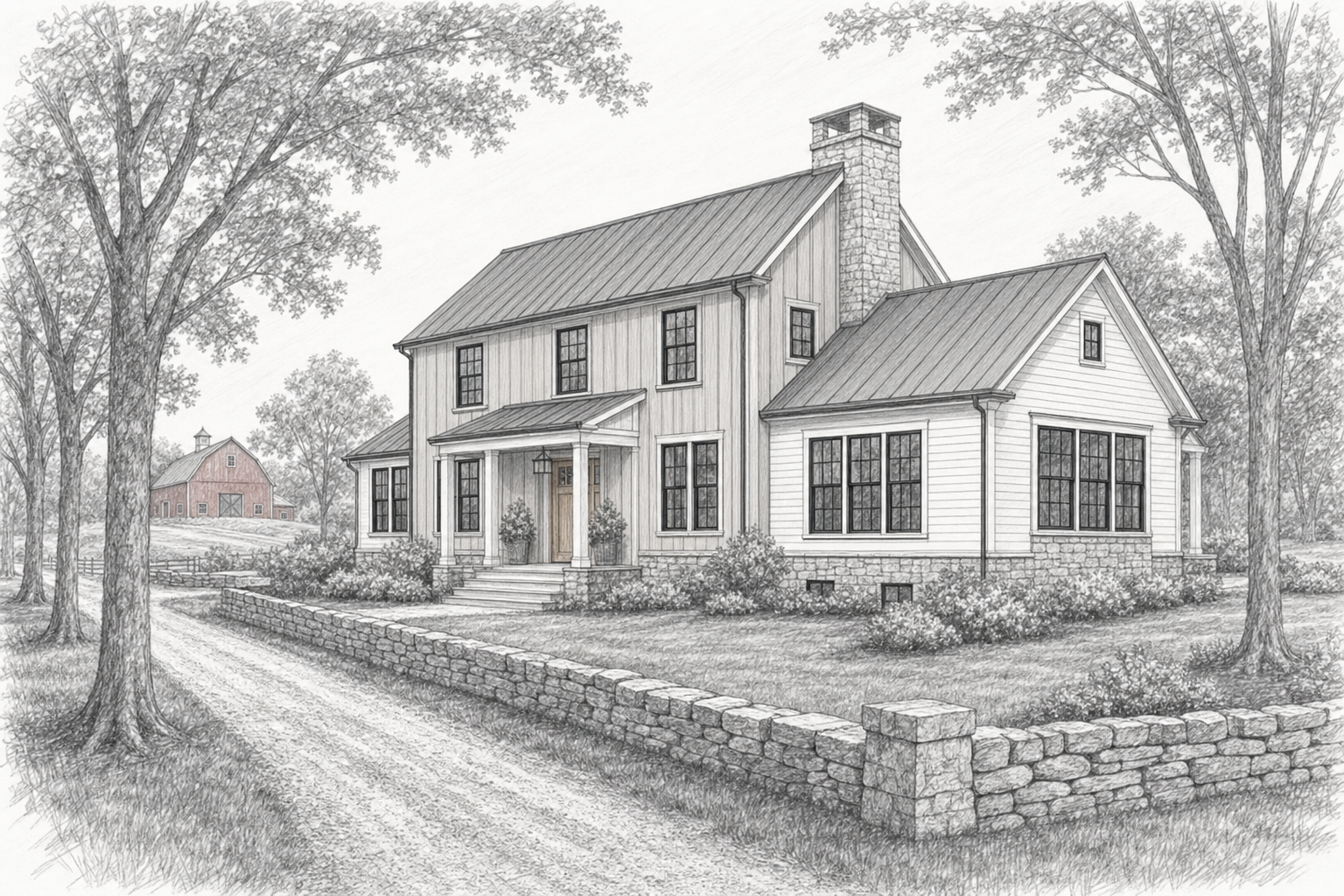 Pencil perspective study of a greige board-and-batten modern farmhouse with fieldstone chimney, grid windows, gravel lane, and red barn in New Canaan