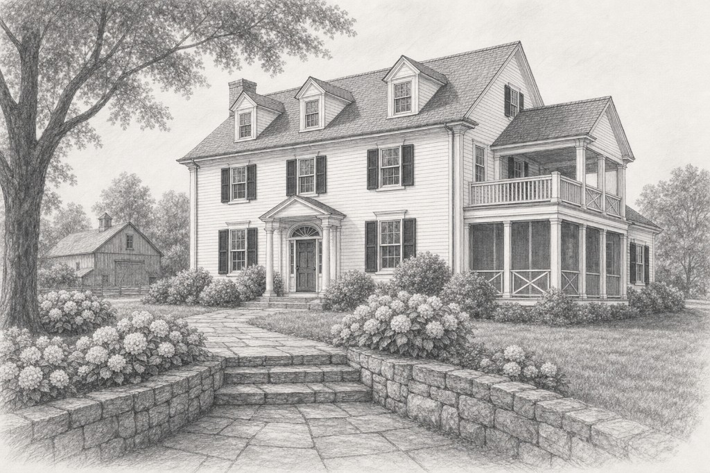 Pencil perspective study of a Federal colonial farmhouse with pedimented portico, fanlight entry, three dormers, screened porch with balcony above, stone steps, and hydrangea-lined wall in Stamford