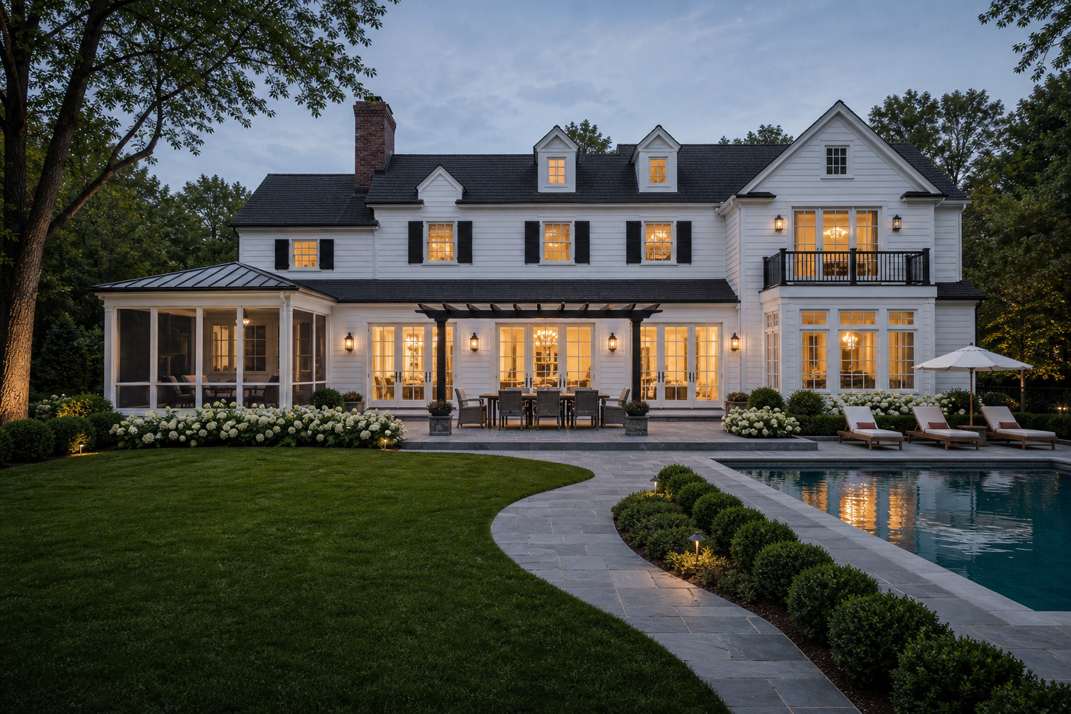 White colonial estate rear elevation after renovation with pool terrace, pergola, stone patio, and two-story wing addition at twilight in Greenwich