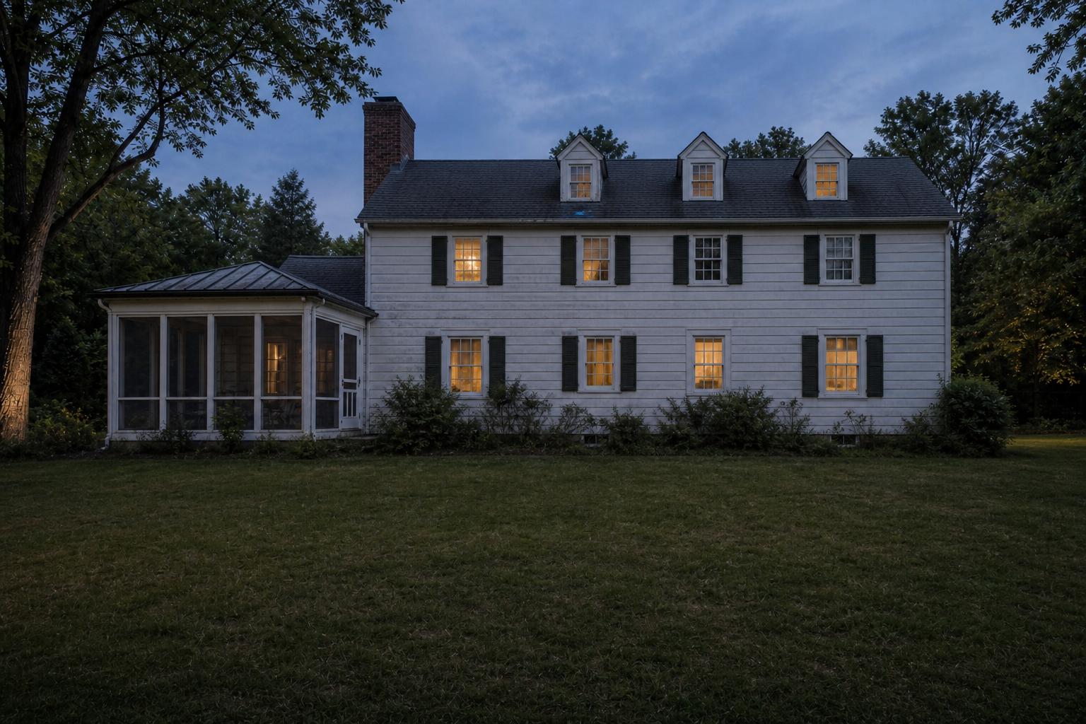 White colonial estate rear elevation before renovation, with weathered clapboard, traditional windows, screened porch, and simple lawn in Greenwich