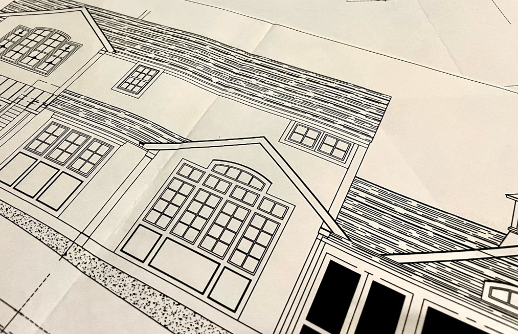 Ink architectural elevation drawing of a custom residence with arched windows and shingled roof in Darien