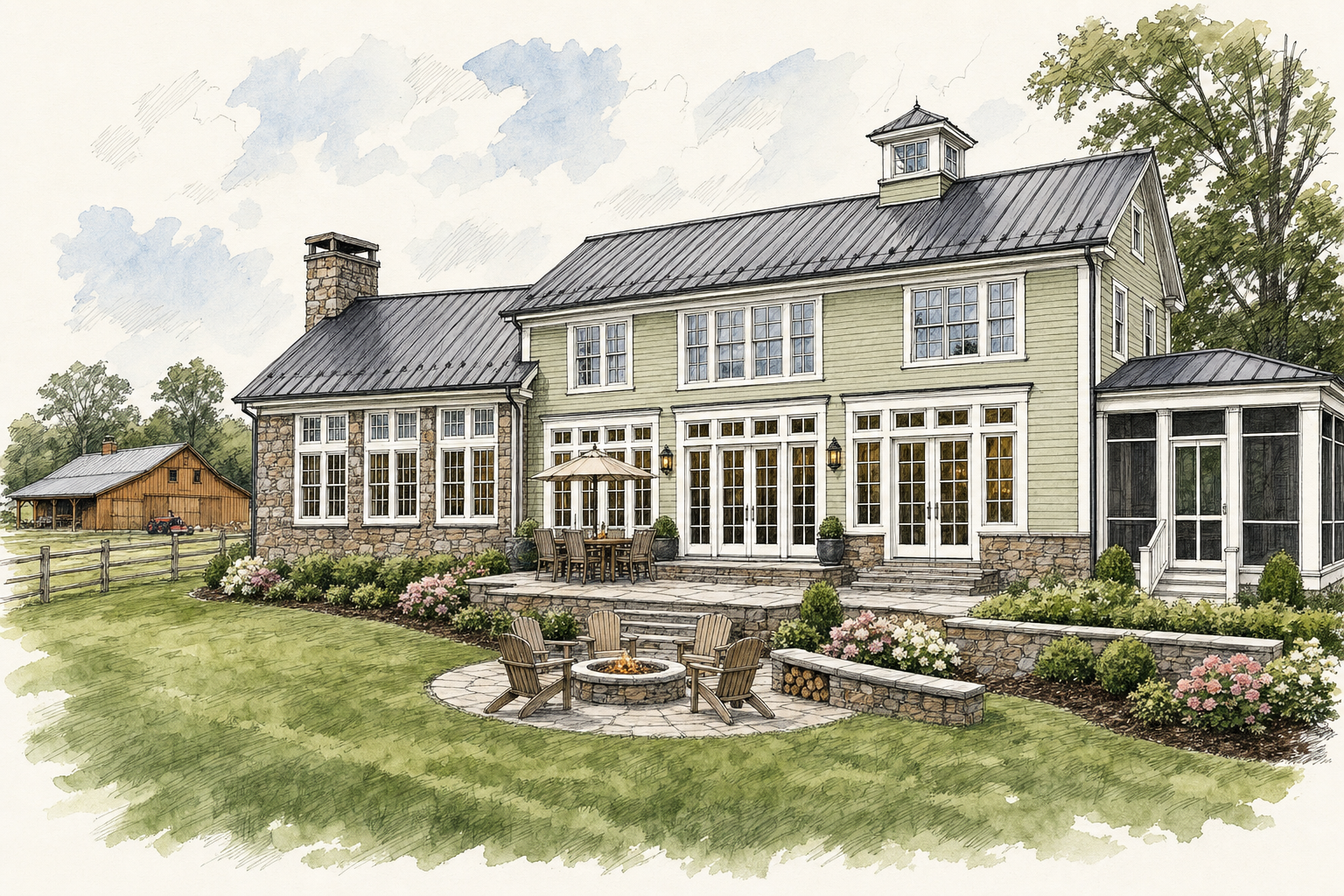 Pencil rear elevation sketch of a custom residence with screened porch and fieldstone terrace in Fairfield