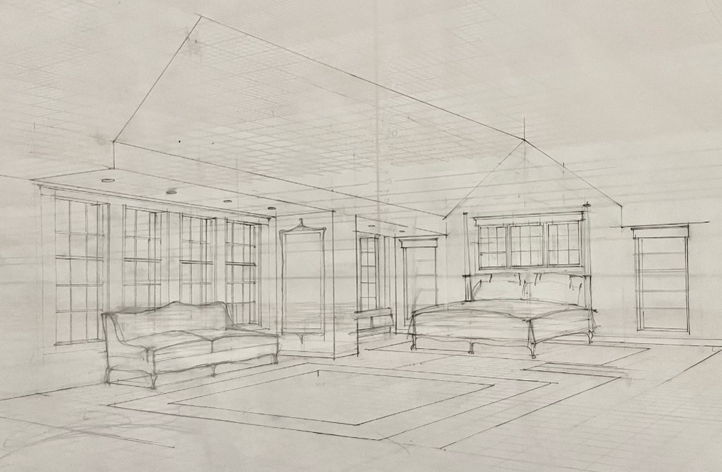 Pencil perspective sketch of a bedroom suite with sofa seating, vaulted ceiling, and arched windows in New Canaan