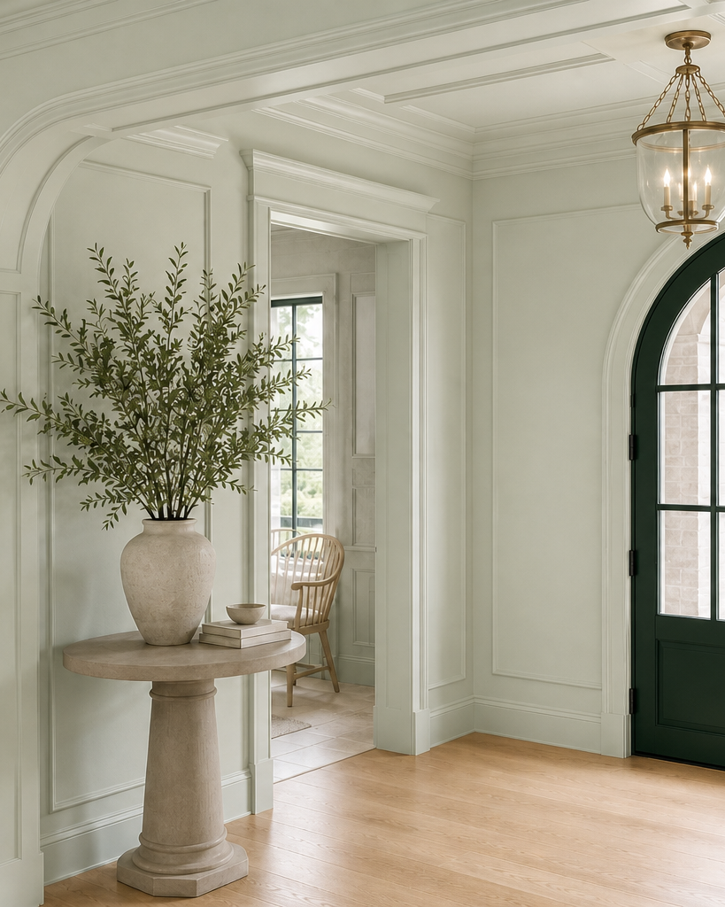 Elegant foyer with sage green walls, forest green arched double doors, pedestal table, and brass lantern in Fairfield