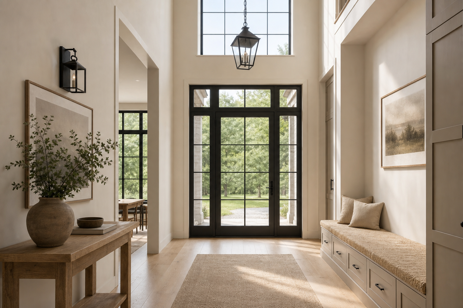 Farmhouse entry foyer with greige built-ins, light oak floors, black-framed grid windows, oak console, matte black lantern pendant, and eucalyptus in Darien