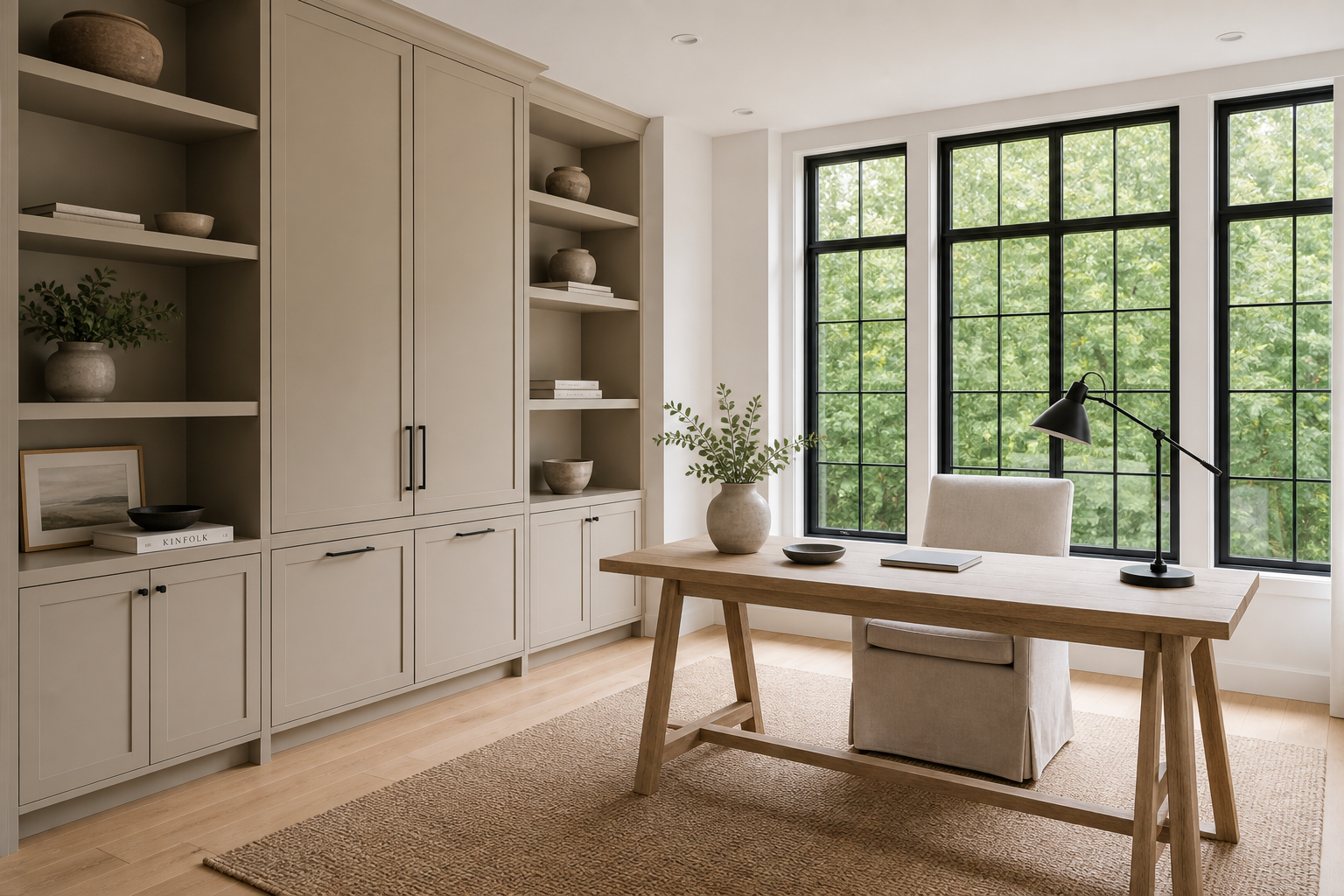 Home office with greige built-in shelving, light oak desk, matte black desk lamp, black-framed grid windows, and minimal ceramic pottery in Darien
