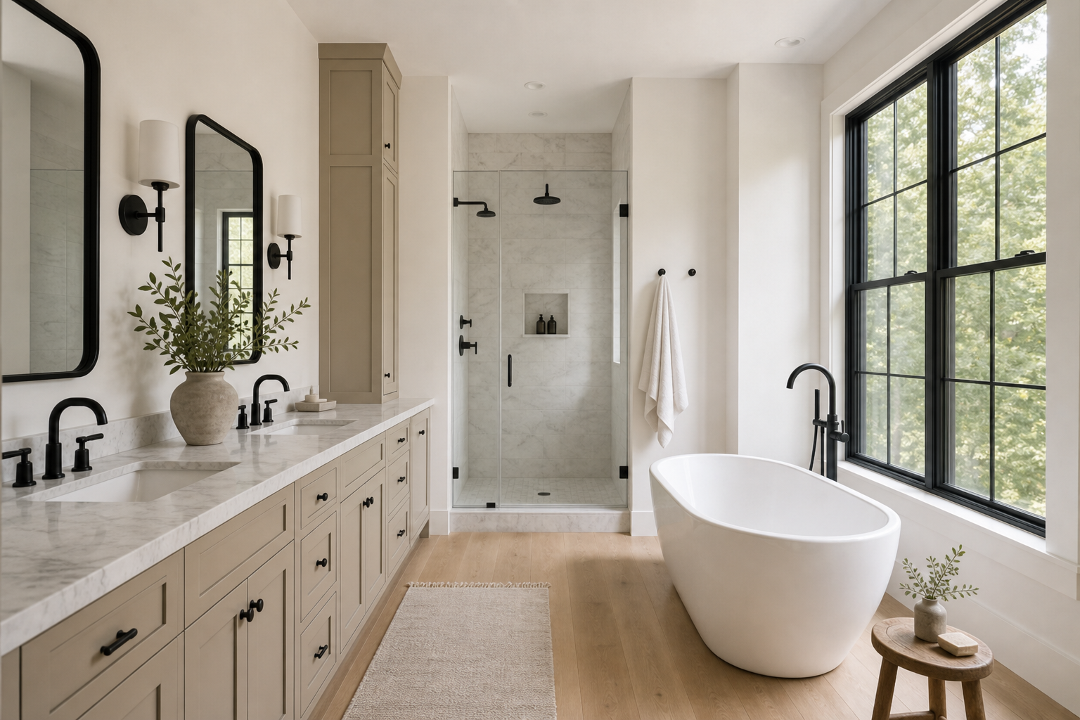 Master bathroom with greige double vanity, white marble counters, matte black fixtures, freestanding tub, black-framed window, and wide-plank oak floors in Darien