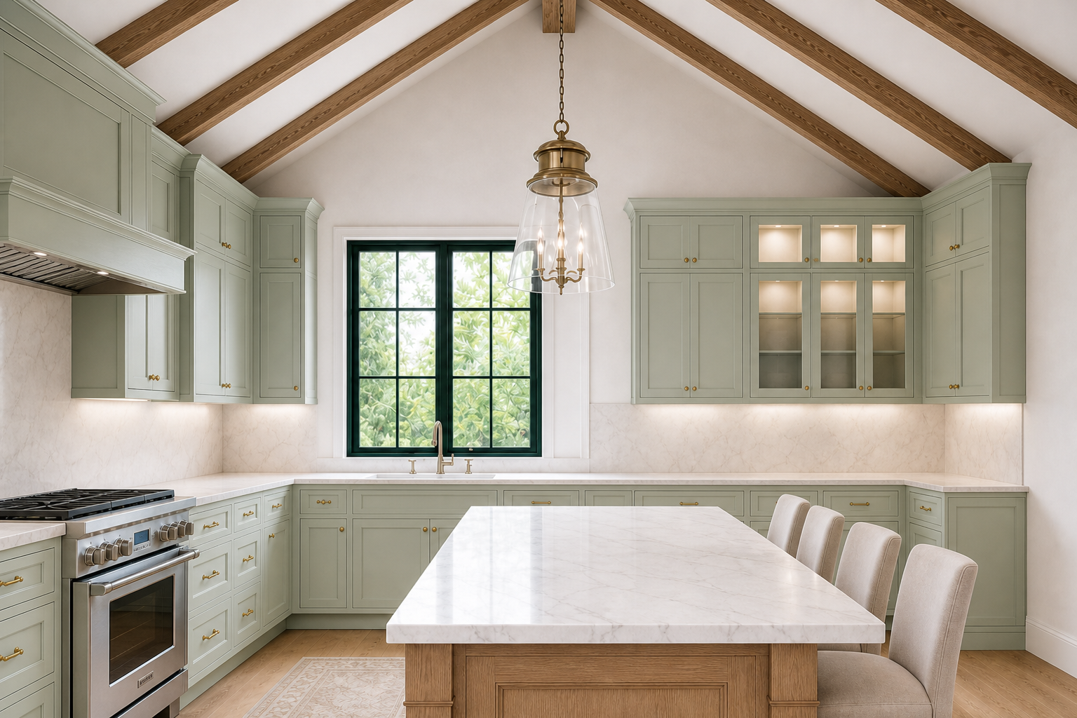 Modern farmhouse kitchen with sage green cabinetry, forest green window frames, vaulted wood-beamed ceiling, marble island, and farmhouse sink in Ridgefield