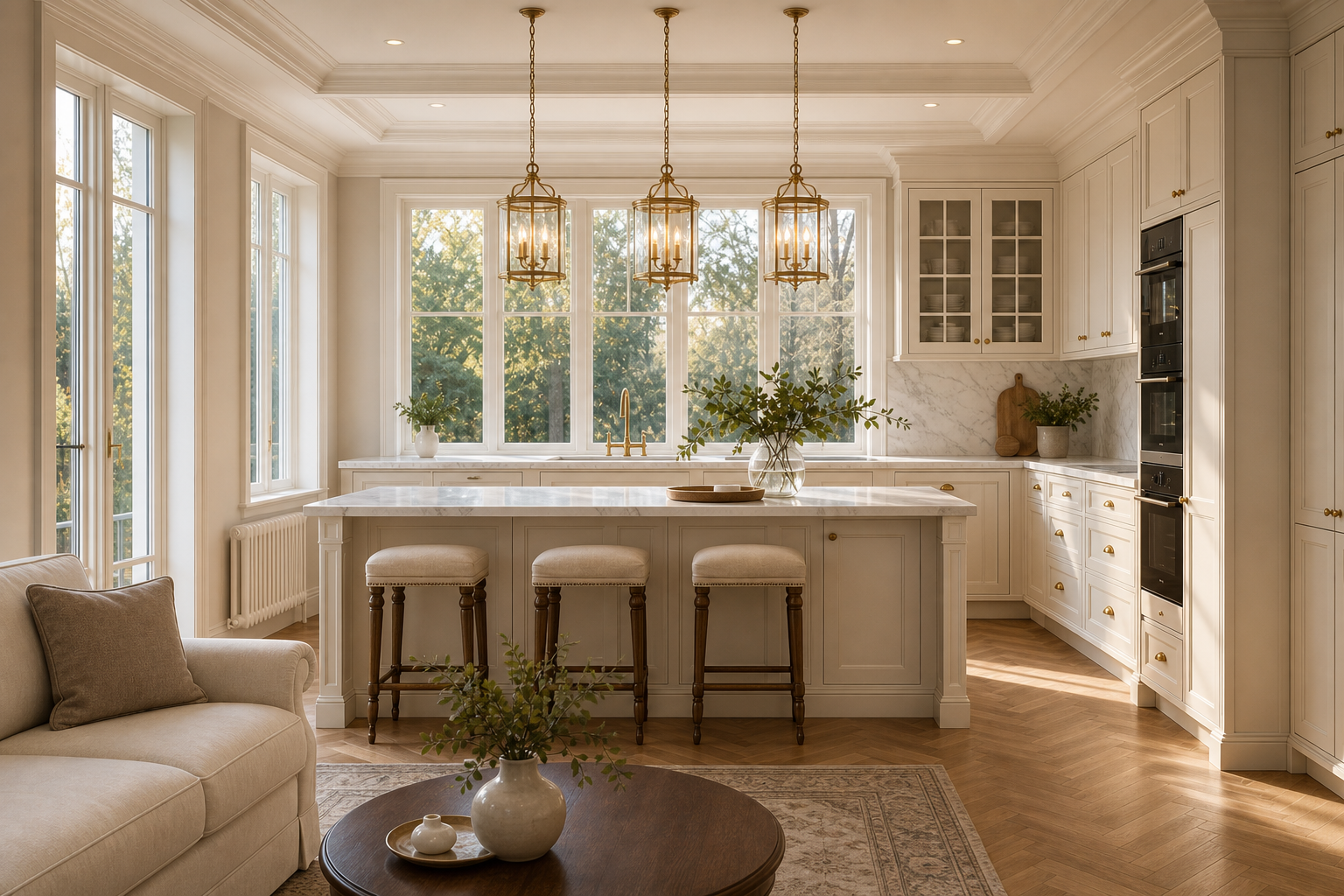Traditional open-plan kitchen with cream shaker cabinetry, brass lantern pendants, marble counters and backsplash, walnut bar stools, coffered ceiling, herringbone oak floors, and corner windows overlooking greenery in Wilton