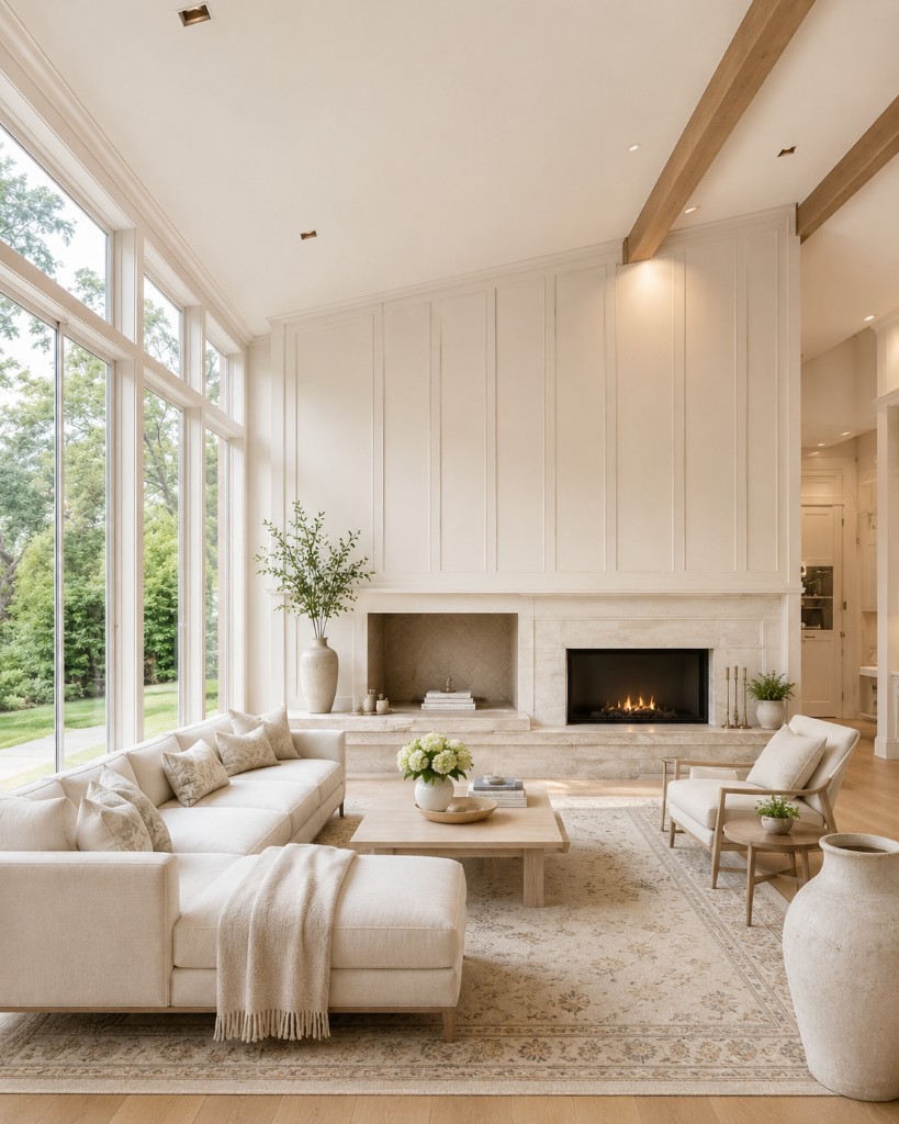 Bright living room with cream sectional, wood-beamed ceiling, stone fireplace, and floor-to-ceiling windows in Fairfield