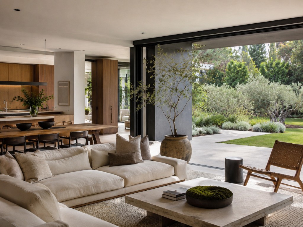 Open great room with cream sectional, light stone coffee table, warm vertical-grain wood kitchen cabinetry and island, rustic dining table, black-framed sliding glass doors to landscaped garden with olive trees, and woven area rug in Stamford