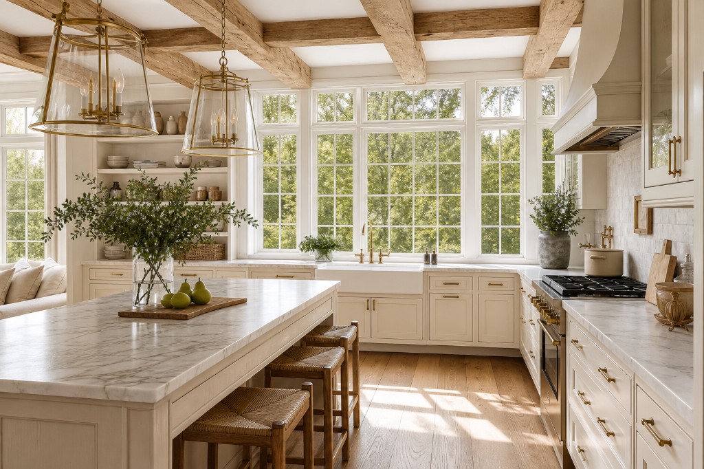 Modern farmhouse kitchen with cream shaker cabinets, exposed wood ceiling beams, brass lantern pendants over marble island, grid windows, farmhouse sink, and rush-seat bar stools in Stamford