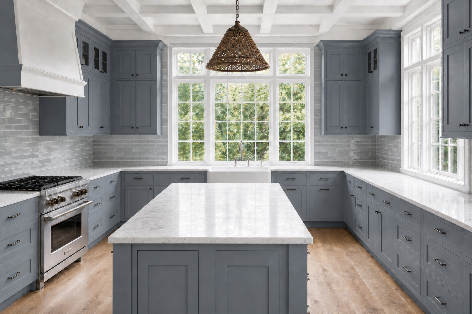 U-shaped transitional farmhouse kitchen with light slate blue-grey shaker cabinets, blue-grey zellige subway tile backsplash, marble counters, farmhouse sink under grid windows, range on left, marble island slightly centered, matte black hardware, and coffered ceiling in Darien