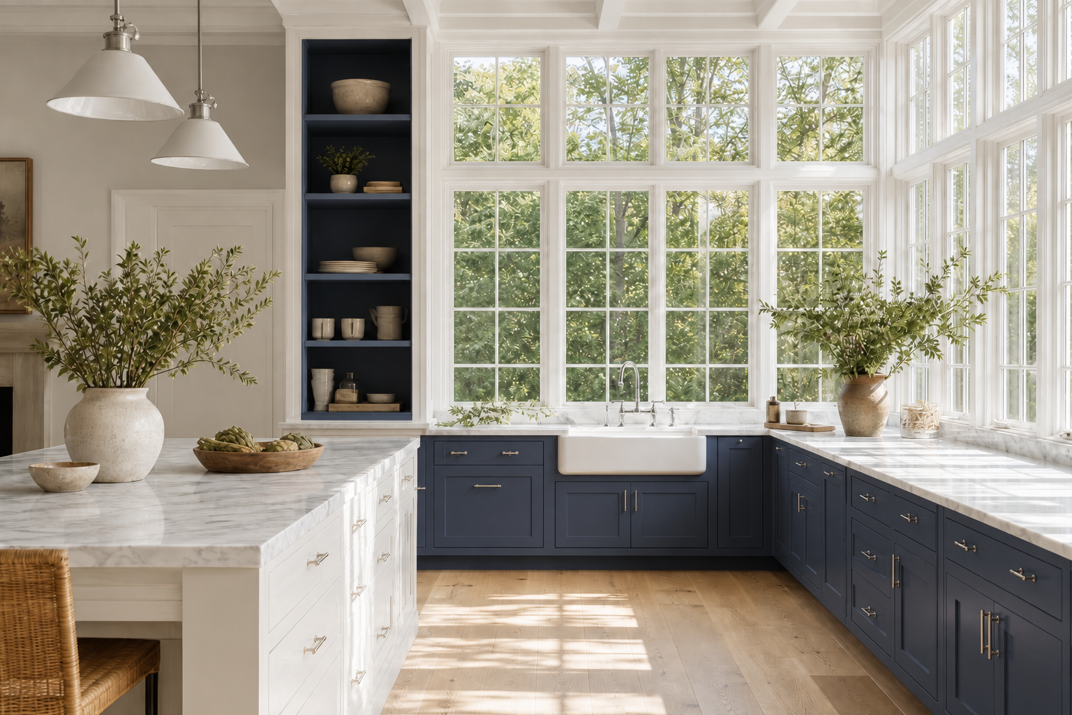 Modern farmhouse kitchen with navy blue perimeter cabinetry, white painted island, polished nickel hardware, marble counters, apron sink, and floor-to-ceiling grid windows in Darien