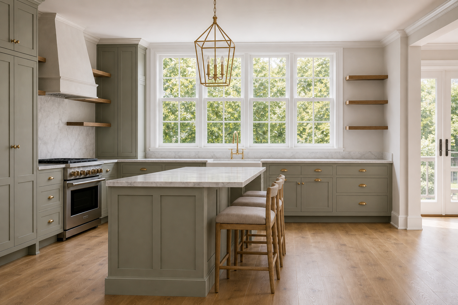 Eye-level view of L-shaped modern farmhouse kitchen with sage green shaker cabinets, marble island, brass lantern pendant, apron sink under grid windows, and wood bar stools in Ridgefield