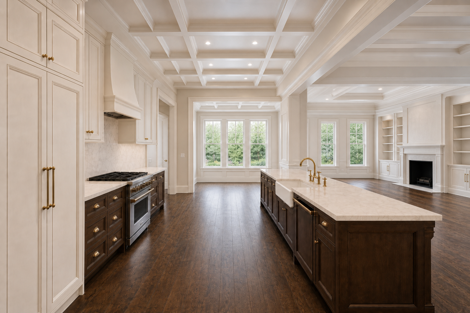 Open-concept transitional kitchen with coffered ceiling, cream and walnut two-tone cabinetry, marble island with farmhouse sink and panel-ready dishwasher, integrated refrigerator, wall range, and open flow to dining and living in Westport