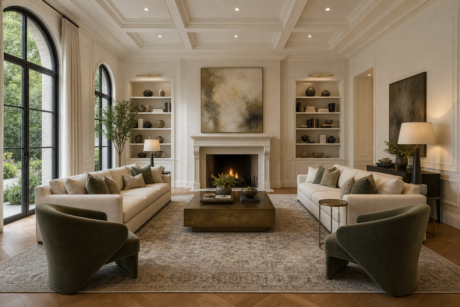 Formal symmetrical living room with facing sofas, coffered ceiling, classical limestone fireplace, panel molding, and arched steel windows in Westport