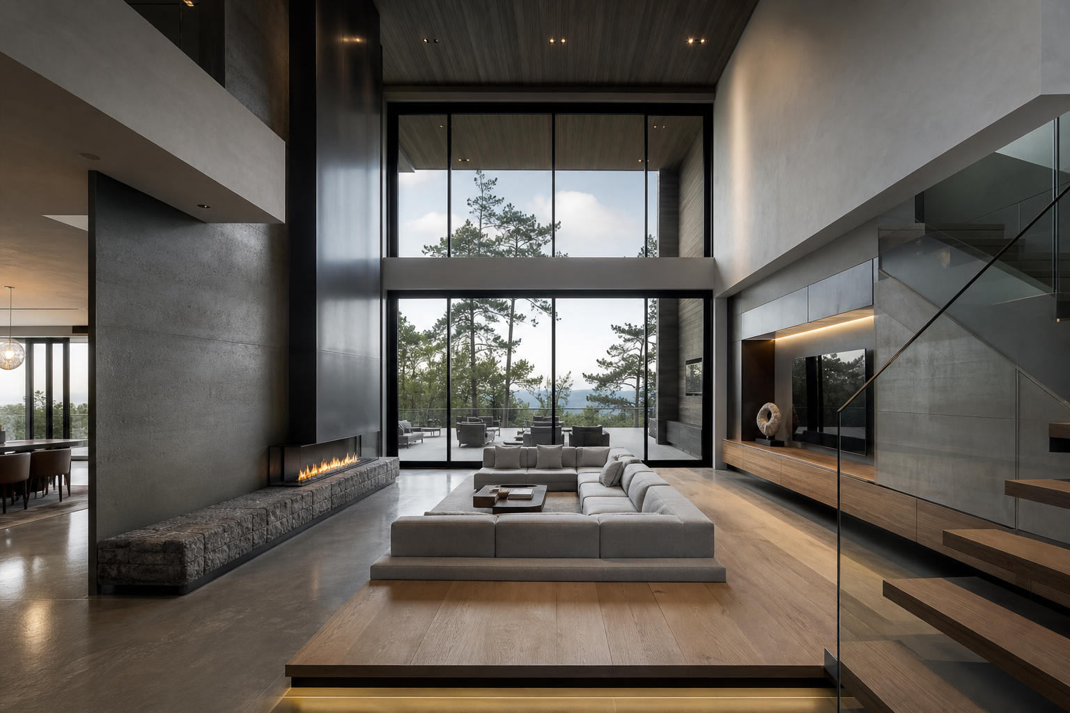 Double-height great room with two-story glass wall, floating linear fireplace, modular sectional, and sculptural glass staircase in Westport