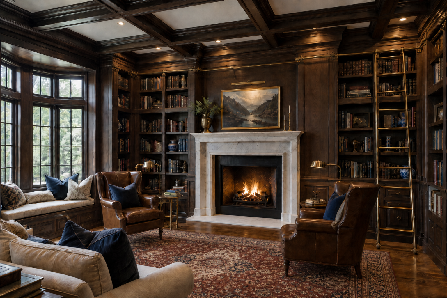 Library living room with walnut built-in bookcases, marble fireplace, brass rolling ladder, club chairs, and bay window reading nook in Westport
