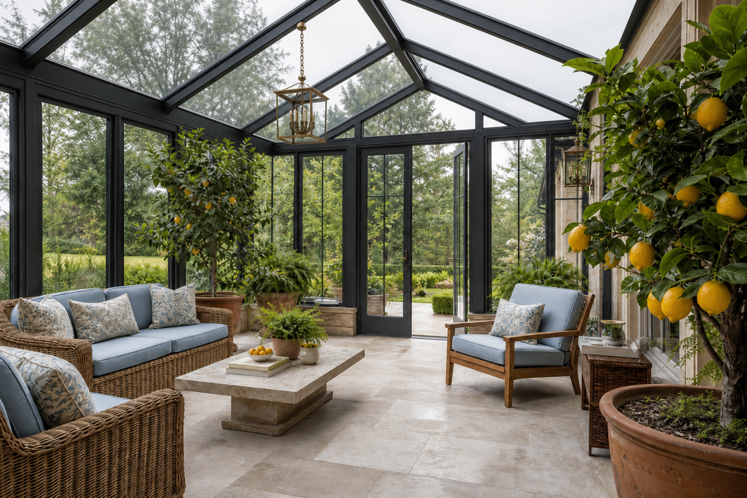 Glass conservatory sunroom with vaulted roof, wicker and teak seating, citrus trees, and French doors to the garden in Westport