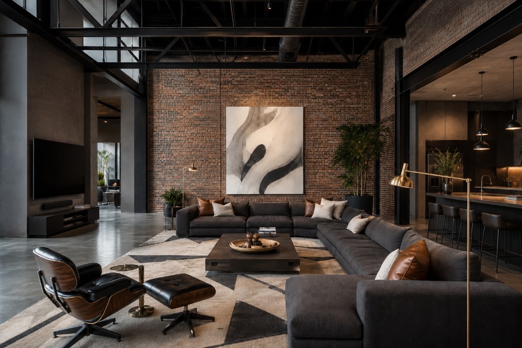 Loft living room with exposed steel trusses, brick accent wall, U-shaped sectional, open kitchen with island and bar stools, and polished concrete floors in Westport