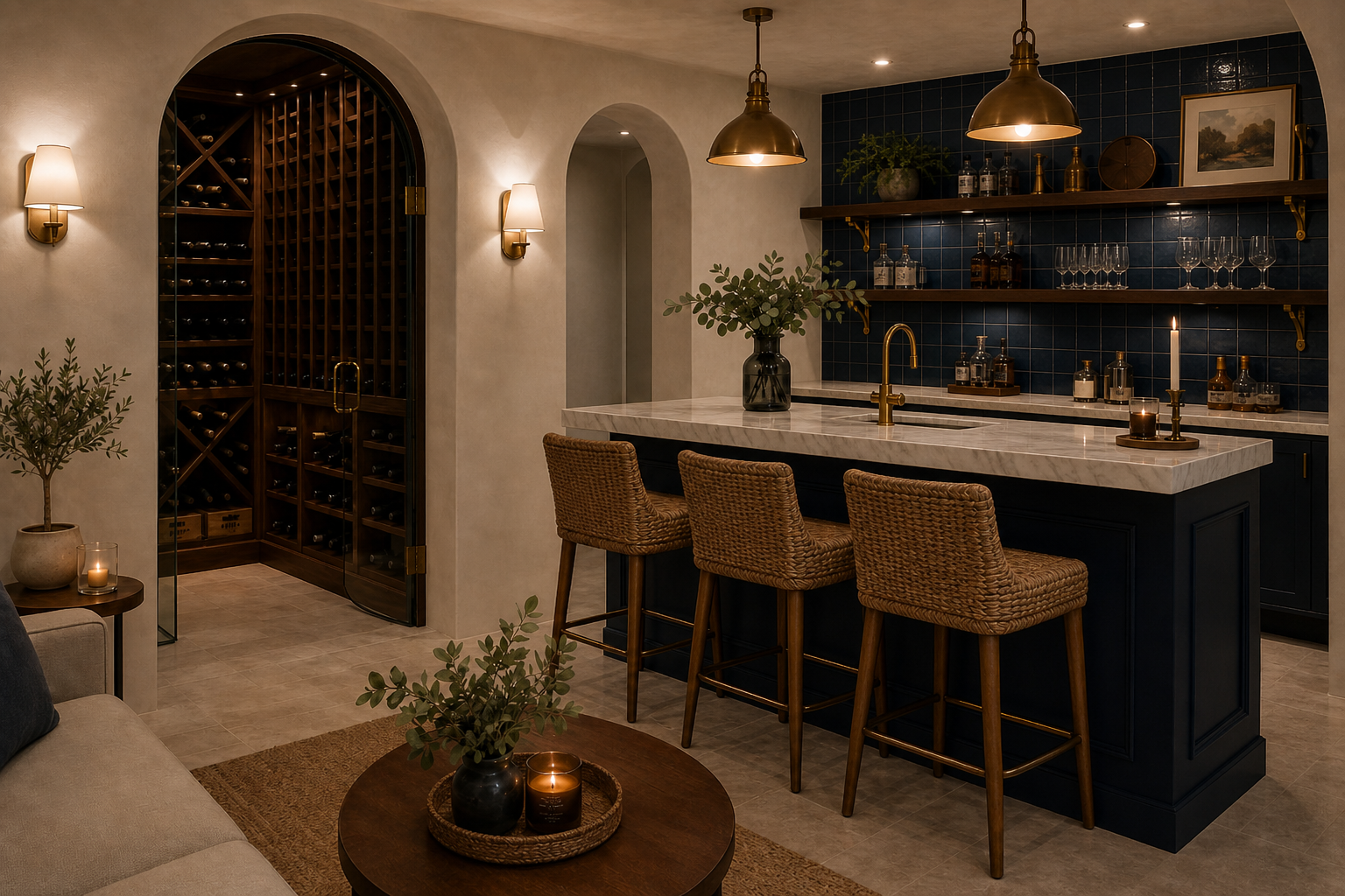 Mediterranean basement bar with arched glass wine cellar, navy tile backsplash, marble island with brass faucet, woven rattan bar stools, brass pendant lights, cream plaster walls, and lounge seating in Greenwich