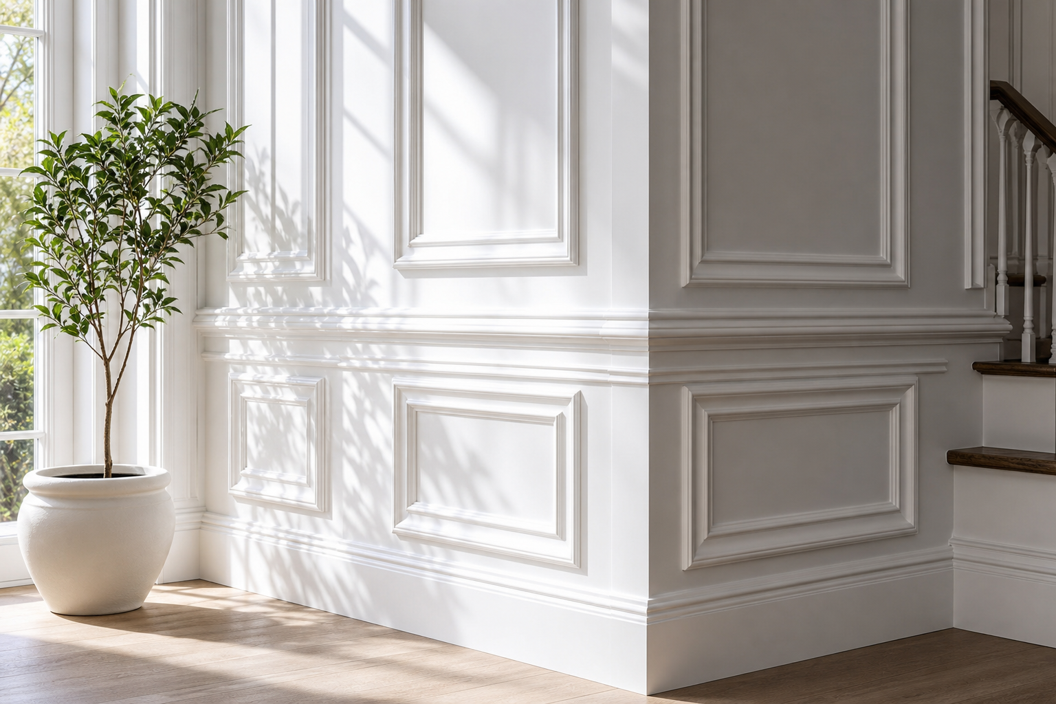 Georgian picture-frame wall paneling in crisp white at a stair hall landing corner with stepped chair rail, tiered baseboard, natural window light, and light oak floor in Greenwich