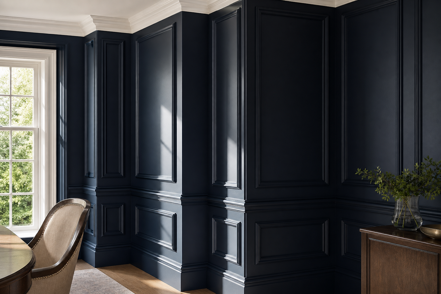 Deep navy Georgian raised panel wainscoting and upper wall panels with white ceiling trim in a formal dining room corner in Darien
