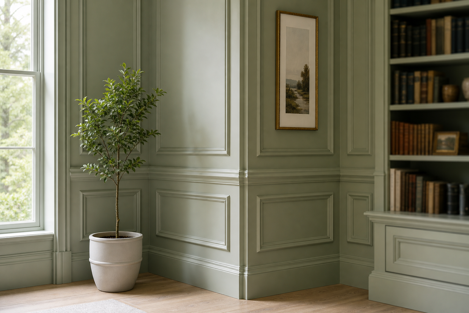 Soft sage green Georgian picture-frame paneling and chair rail in a home library alcove beside built-in bookcases in New Canaan