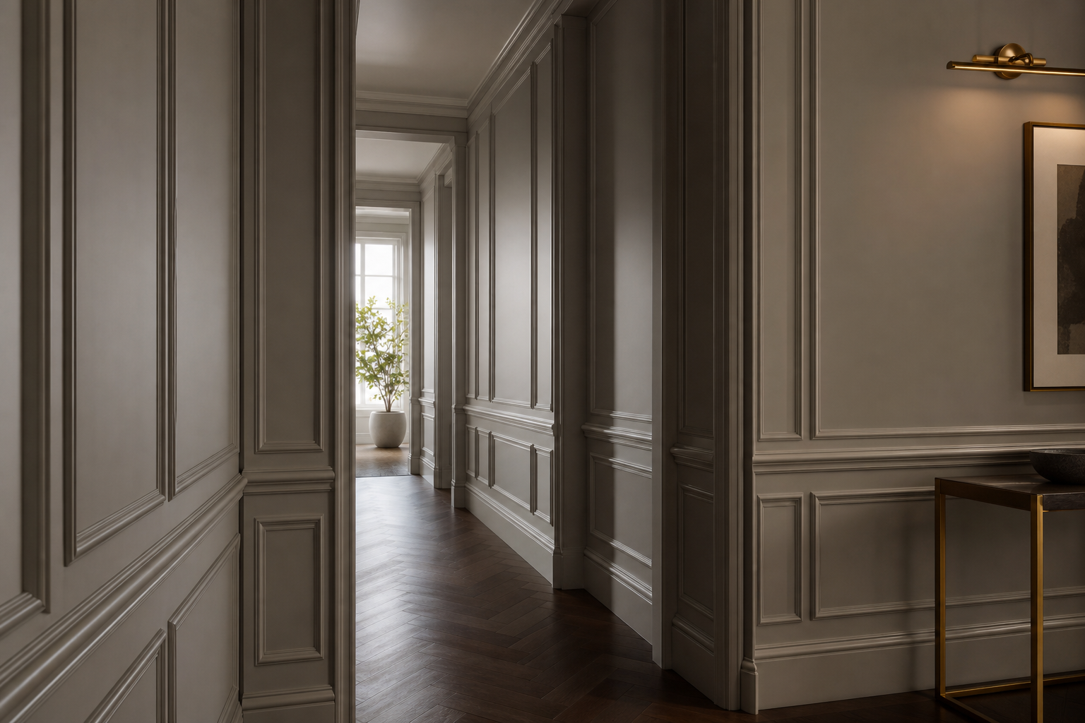 Charcoal gray Georgian wall paneling with repeating picture-frame panels and chair rail along a primary hallway with herringbone wood floor in Westport