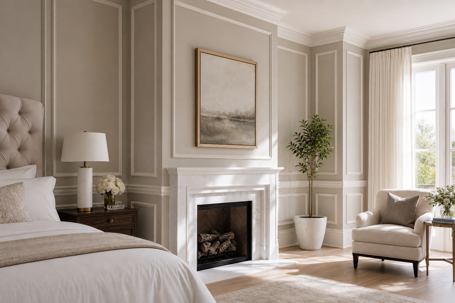 Warm taupe Georgian raised panel millwork wrapping a bedroom fireplace with white marble surround and light oak floor in Greenwich