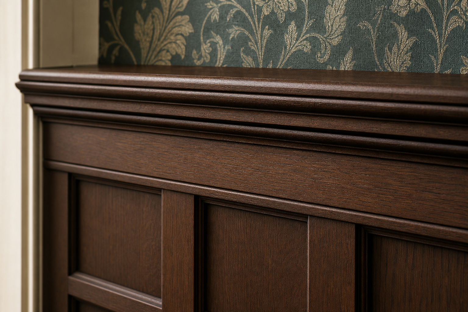 Close-up of dark walnut board-and-batten wainscoting cap rail with stepped chair rail profile, square recessed panels, and soft natural side lighting in Greenwich