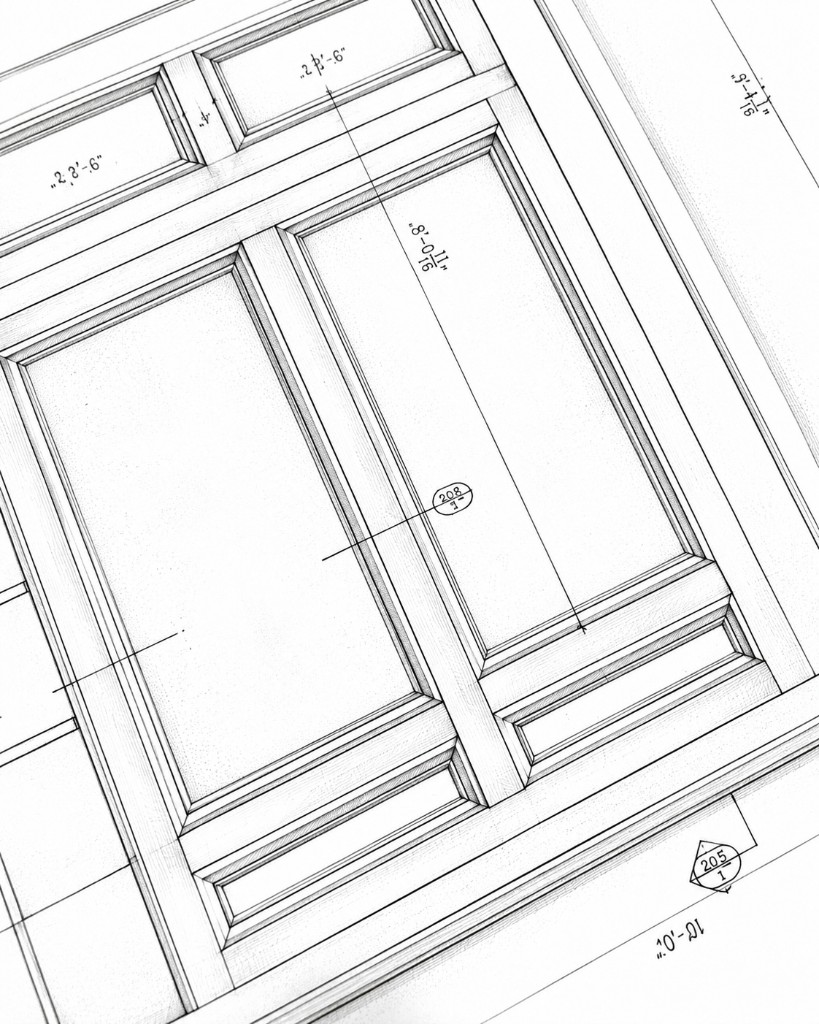 Architectural elevation drawing of Georgian wall paneling with dimensioned frame-and-panel details, chair rail, and baseboard profiles in Greenwich