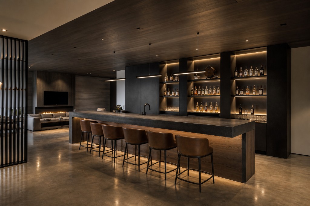 Basement bar lounge with charcoal stone counter, cognac leather stools, backlit liquor shelving, linear pendants, dark wood ceiling, polished concrete floor, and adjacent lounge with linear fireplace and TV in Wilton