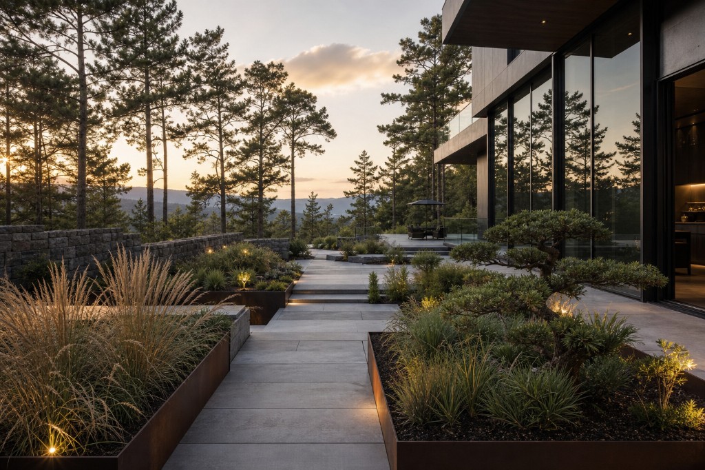Modern forest estate garden at sunset with bluestone paths, corten steel planters, ornamental grasses, pruned pine, integrated landscape lighting, charcoal-clad house, and mountain forest views in Wilton