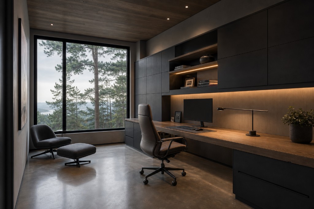 Modern home office with charcoal built-in millwork, long oak desk, brown leather chair, floor-to-ceiling forest view, dark wood ceiling, and polished concrete floor in Wilton