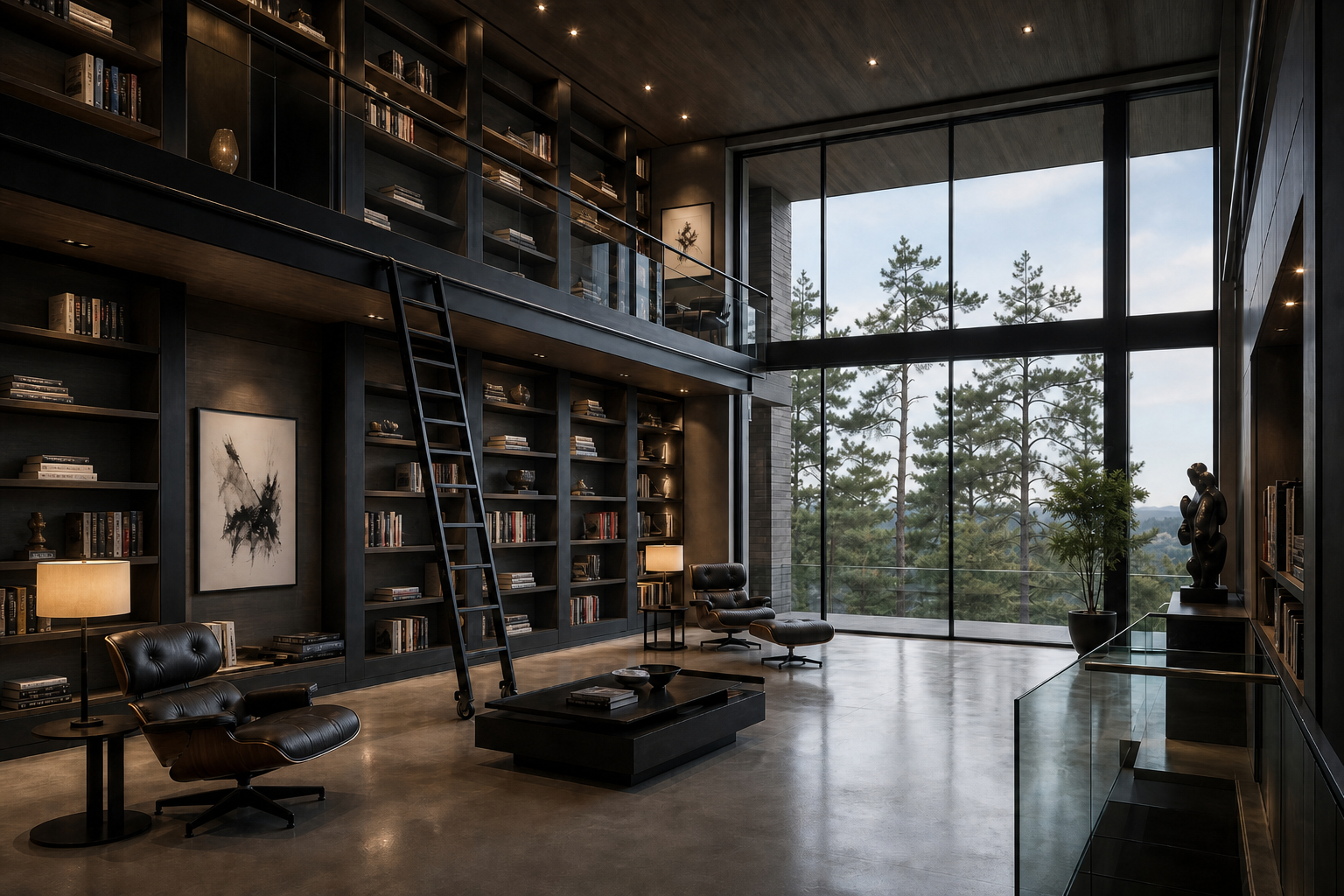 Two-story modern home library with charcoal built-in shelving, mezzanine gallery, rolling ladder, Eames-style lounge chairs, polished concrete floor, and floor-to-ceiling windows to pine forest in Wilton