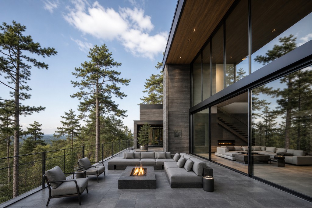 Elevated stone patio with grey outdoor sectional, square stone fire pit, black cable railing, and floor-to-ceiling glass walls overlooking pine forest and distant hills in Wilton