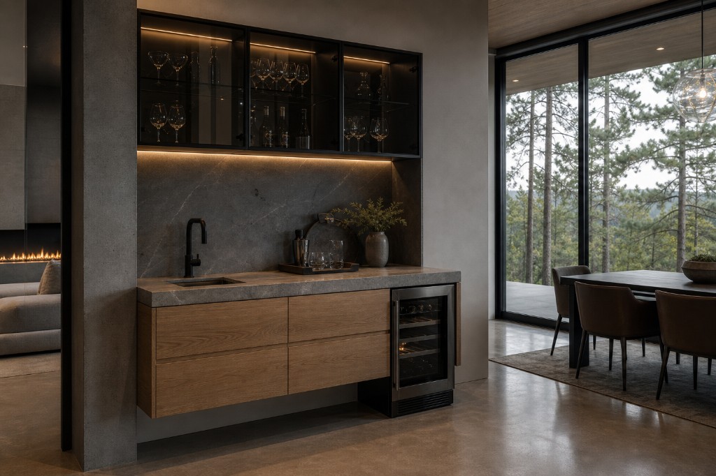 Ultra-modern wet bar with light oak floating cabinetry, grey marble counter and backsplash, matte black faucet, glass-front uppers with LED lighting, wine fridge, and open flow to living room fireplace and pine-forest dining area in Wilton