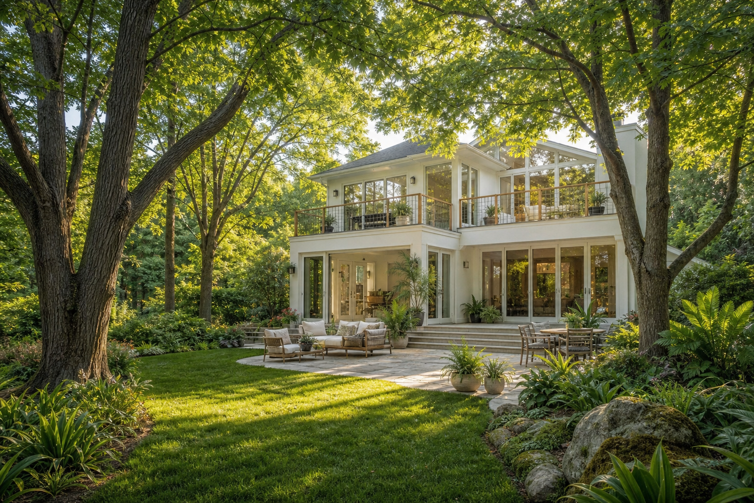 Lush backyard with manicured lawn, light stone patio, mature oak and maple trees, ferns and native plantings, and white modern house with glass doors in Weston