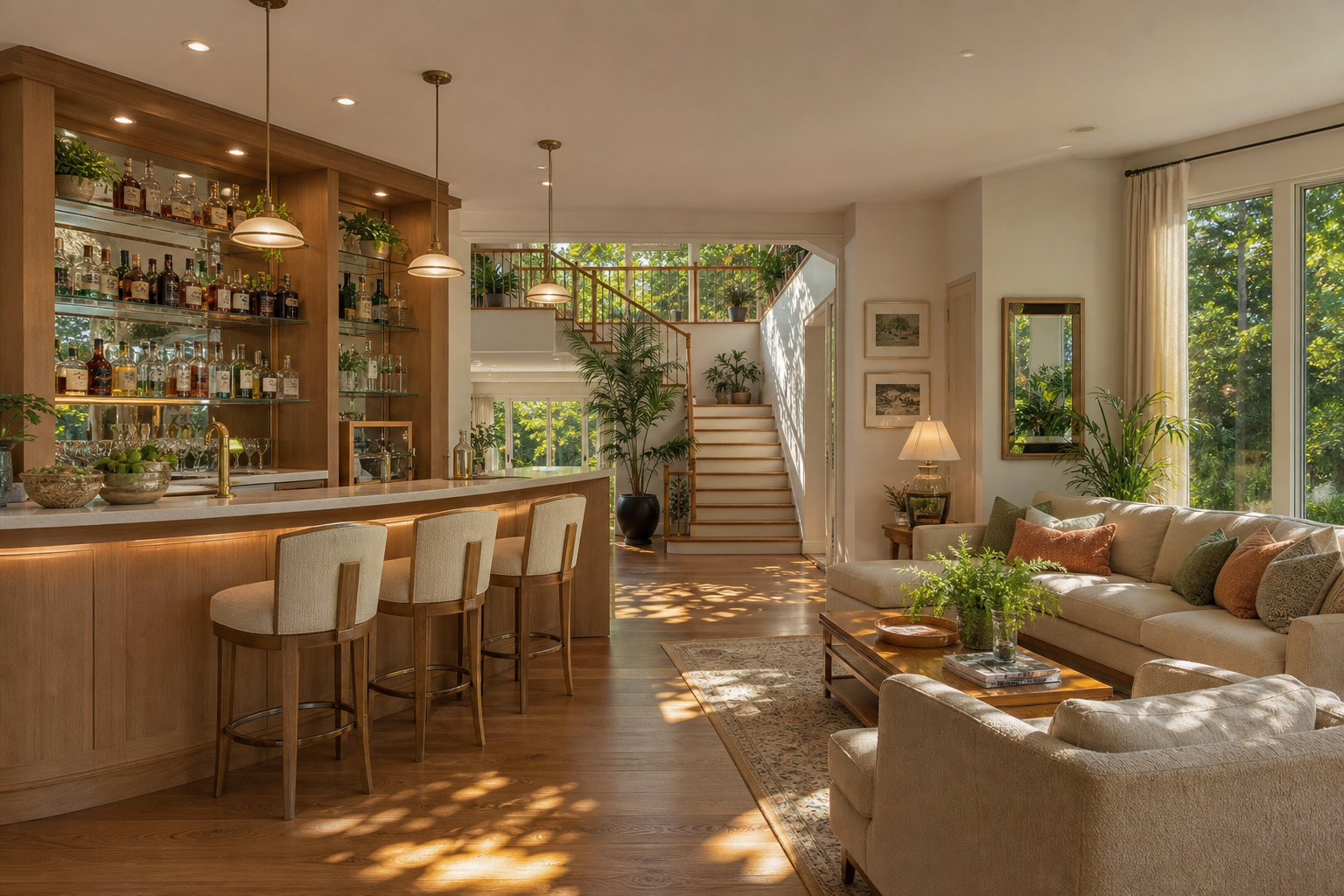 Sophisticated bar lounge with light oak bar, glass bottle shelving, cream linen seating, mood lighting, dappled sunlight, and indoor plants in Weston