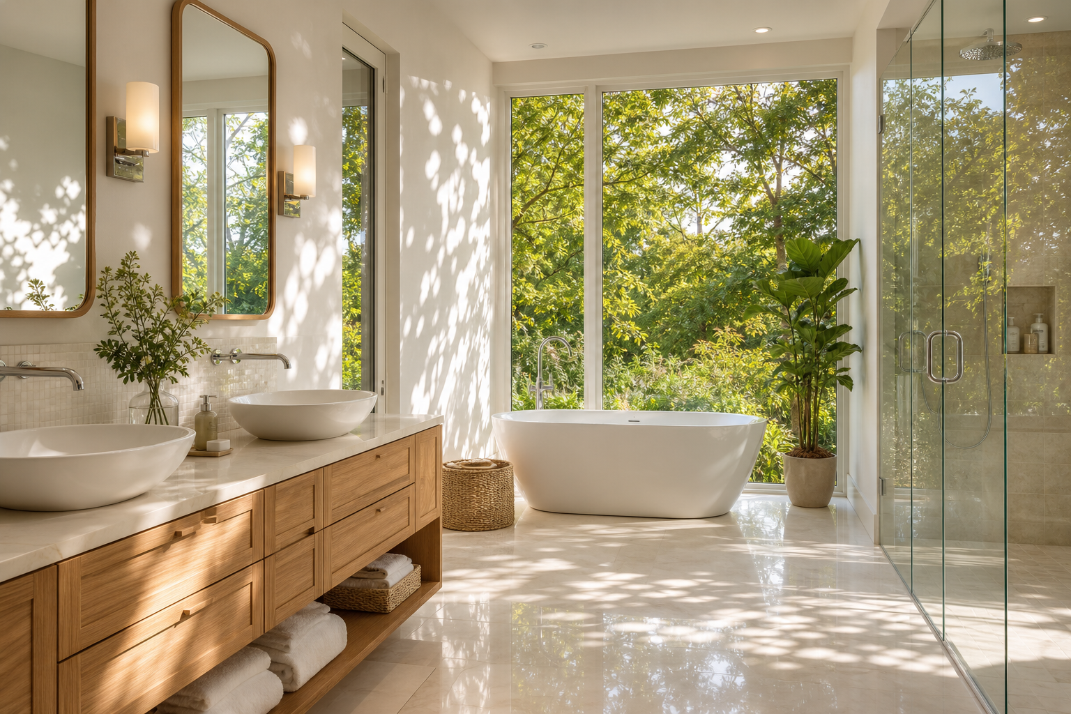 Spa-like guest bathroom with light wood vanity, vessel sinks, freestanding tub at garden window, white stone tile, dappled sunlight, and light oak floors in Weston