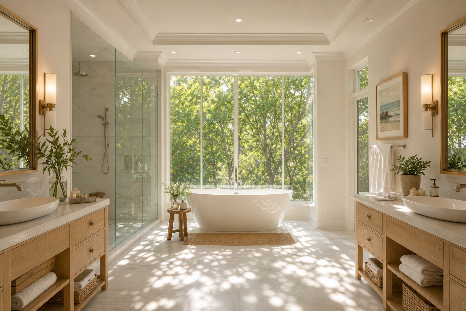 Primary ensuite with dual light wood vanities, glass walk-in shower, freestanding soaking tub before floor-to-ceiling windows, white marble and stone tile, and dappled sunlight in Weston