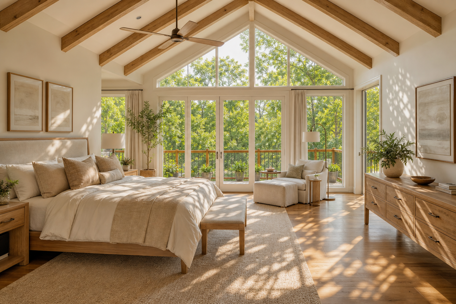 Primary bedroom with vaulted ceiling and exposed light oak beams, neutral linen bedding, floor-to-ceiling windows to balcony and woodland views, and dappled sunlight in Weston