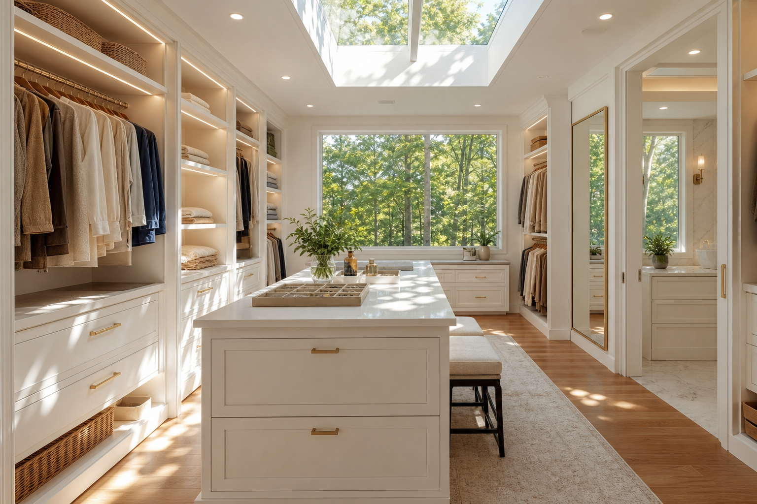 Primary walk-in closet with bright white cabinetry, integrated LED lighting, light oak floors, and central accessories island in Weston