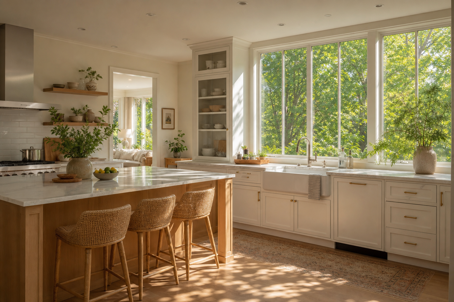 Modern coastal kitchen with white shaker cabinets, honey oak island, marble counters, farmhouse sink under floor-to-ceiling windows to woodland garden, dappled sunlight, and light oak floors in Weston