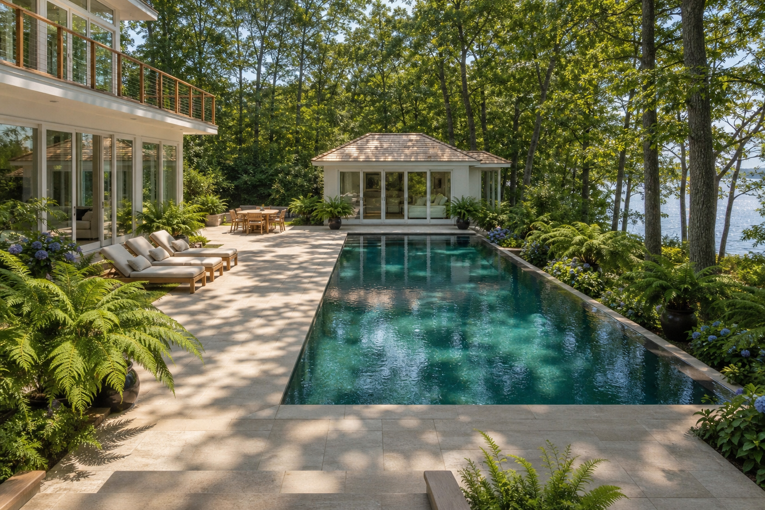 Zero-edge rectangular pool with light stone deck, lush green landscaping, and white poolhouse with floor-to-ceiling glass doors matching the main house in Weston