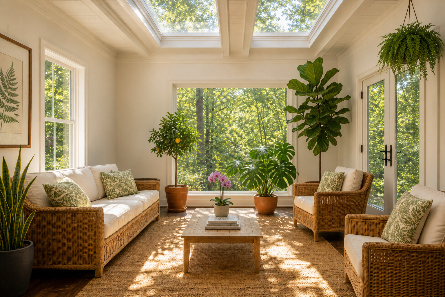 Bright sunroom with skylights, garden window, left-side window, and French doors, curated indoor plants including monstera, fiddle-leaf fig, citrus, and hanging fern, wicker lounge furniture with cream linen cushions, and warm dappled sunlight in Weston